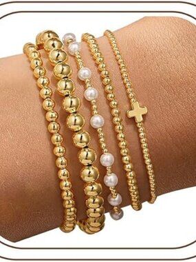 Gold Beaded Bracelet Set Women Pearl Cross Stackable Mothers Day Gift